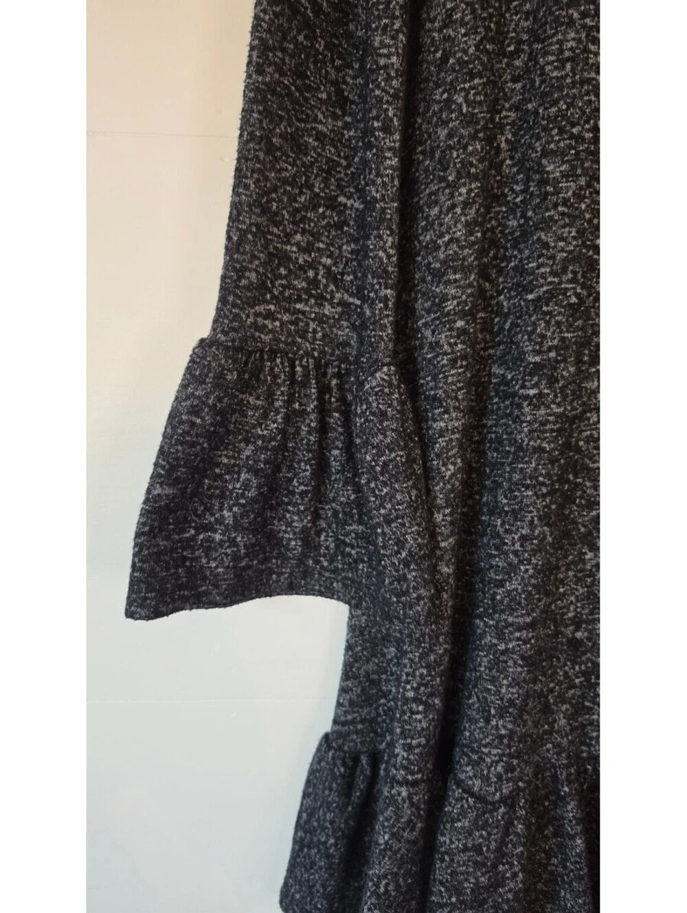 EUC Express Gray Knit Sweater Dress Mock Neck Bell Sleeve Ruffle Hem Sz S, #102